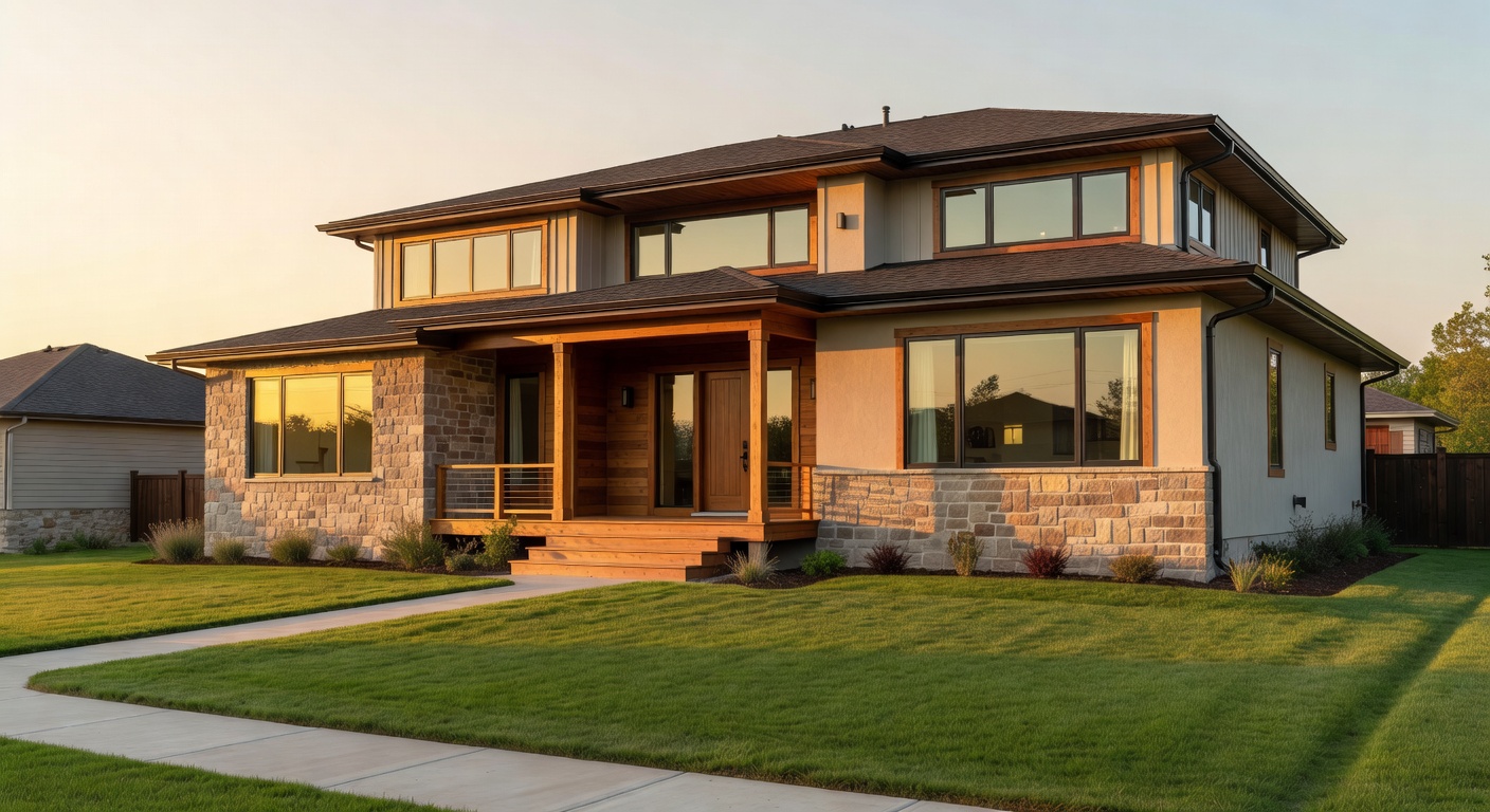 A warm inviting suburban American home exterior at golden hour, modern architecture with stone and wood accents, pristine front lawn, soft sunset light, welcoming porch. warm realistic real estate pho