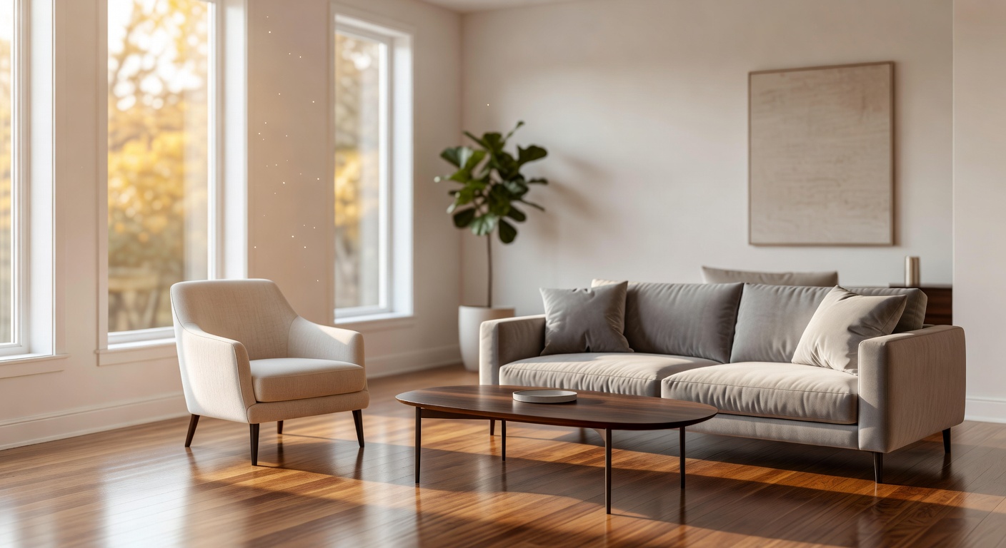 A beautifully staged living room in a renovated home, modern furniture, warm afternoon light through tall windows, hardwood floors, pristine white walls, magazine-quality interior design photography.