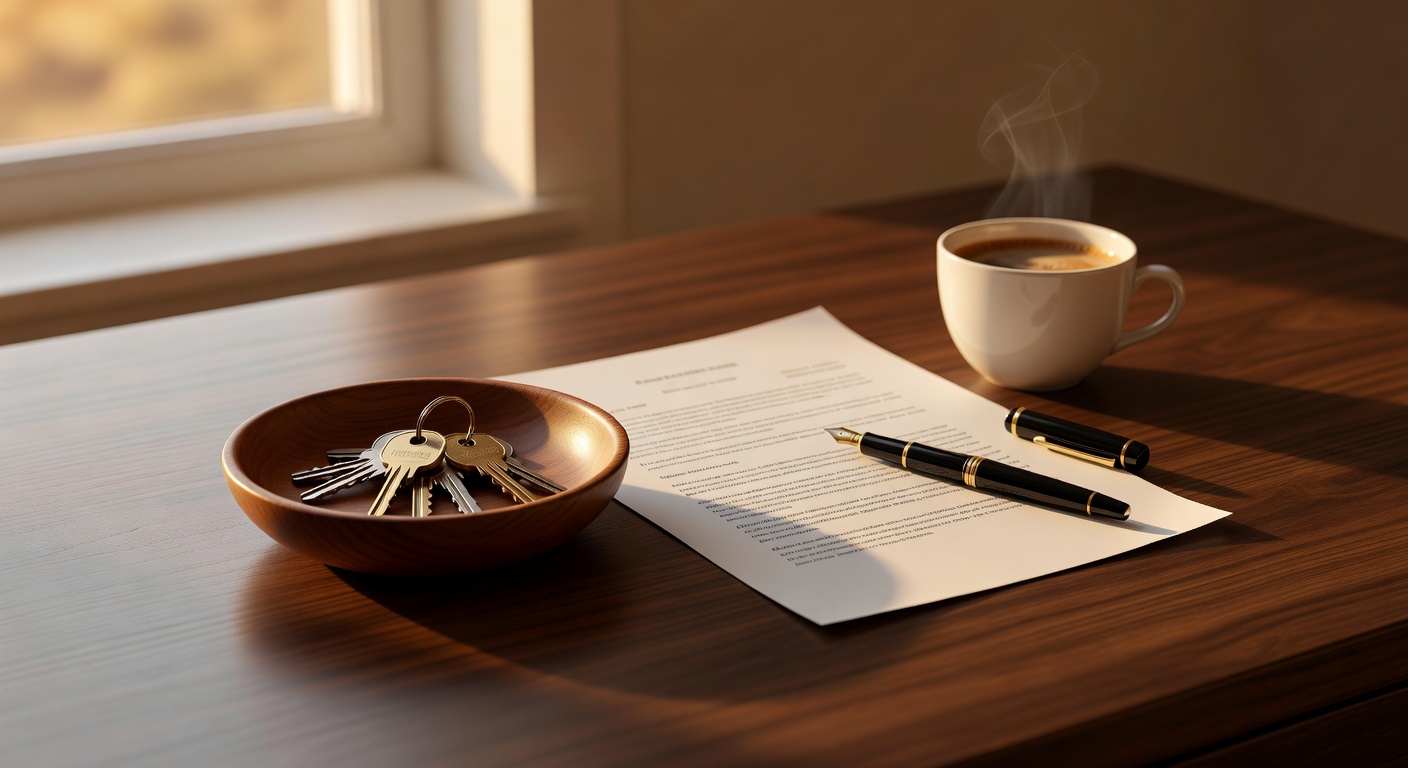 An elegant desk with a wooden bowl of house keys, a real estate contract, a fountain pen and a cup of coffee, natural window light, warm editorial lifestyle photography. warm realistic real estate pho