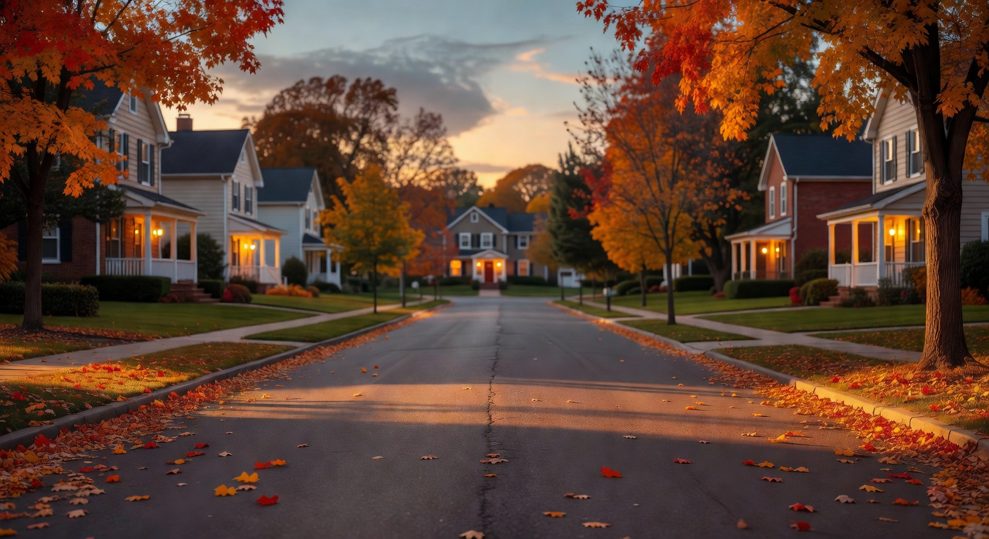 A calm suburban street at autumn dusk, warm porch lights glowing in distant homes, soft clouds, late-afternoon shadows on a long quiet road, editorial neighborhood photography. warm realistic real est