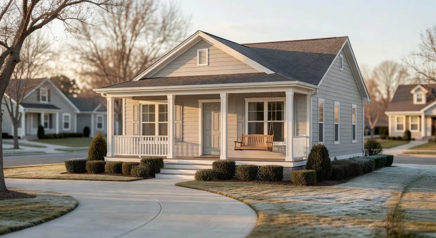A well-maintained single-family rental home with a porch swing, late-winter afternoon light, neutral exterior paint, trimmed landscaping, clean driveway, calm neighborhood setting. warm realistic real
