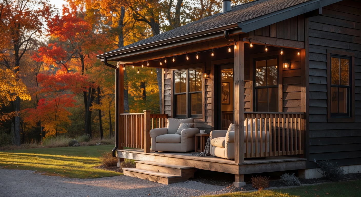 A cozy modern cabin or cottage-style home exterior with a welcoming front porch, string lights, autumn colours in the background, inviting and photogenic for a short-term rental listing. warm realisti