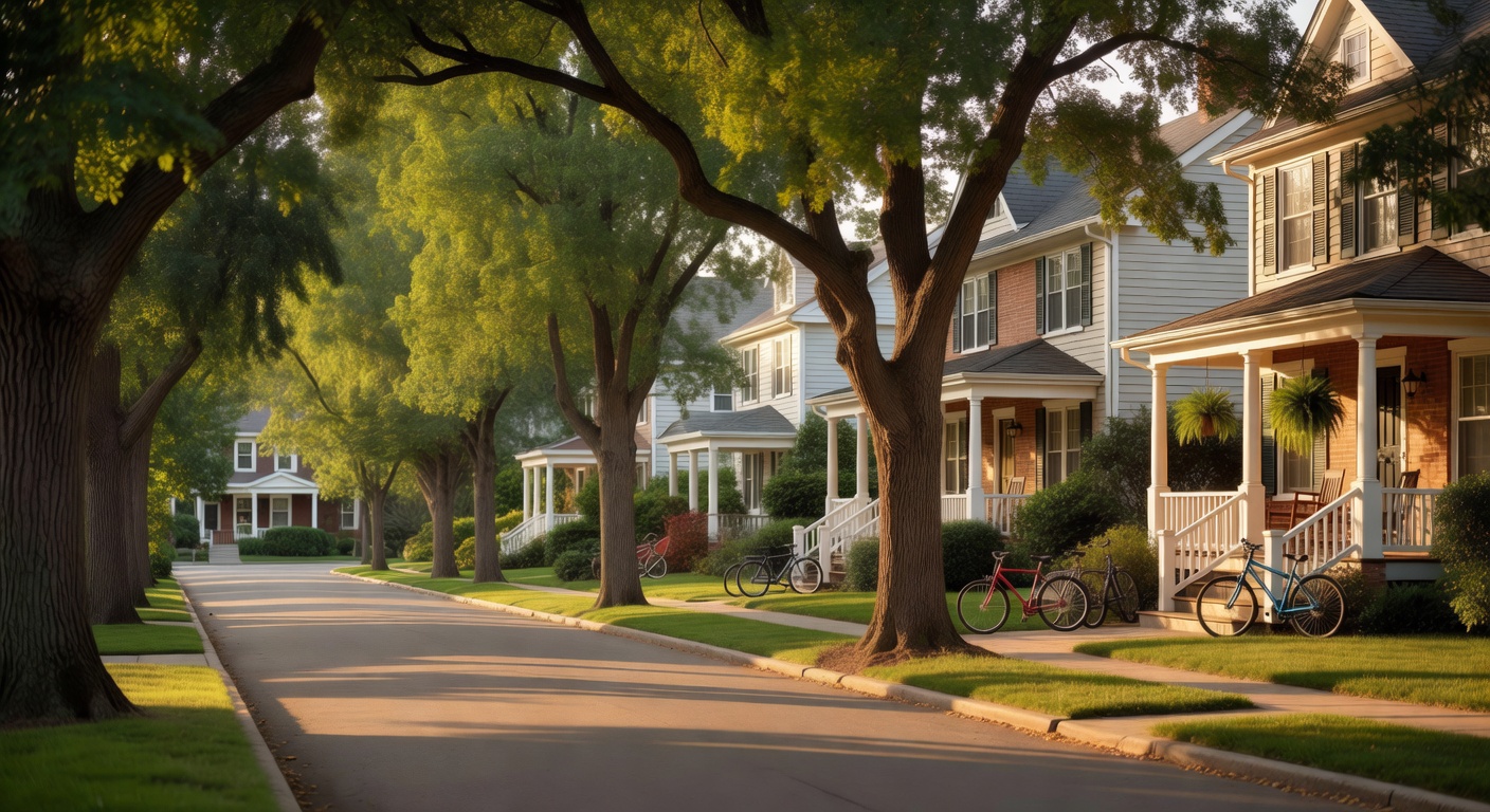A charming residential tree-lined street with well-kept single-family homes, mature oak trees arching overhead, summer morning light, bicycles on porches, quintessential American neighborhood. warm re