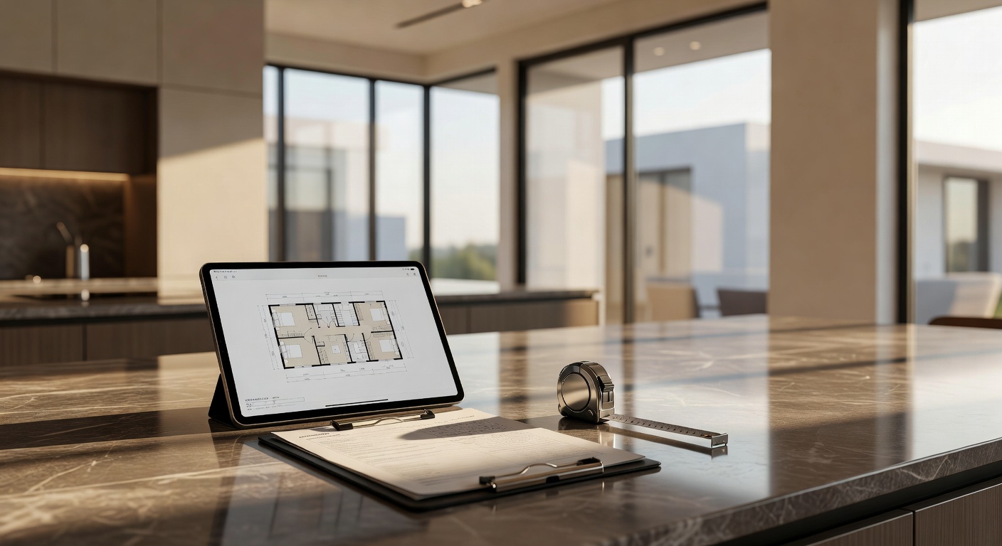 A high-end real estate inspection scene: a tablet on a kitchen counter showing floor plans, with a clipboard and tape measure nearby, warm morning light through large windows, modern home interior. wa