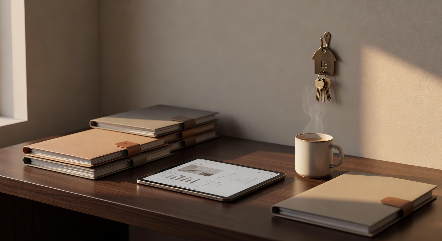 A composed desk workspace for a small real estate investor: organized folders, a tablet, a mug of coffee, a small house-key hook on the wall behind, warm natural light, tidy professional aesthetic. wa
