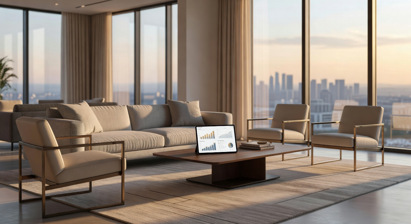A smart modern home interior with a tablet showing property analytics, elegant contemporary furniture, large windows with city view beyond, late-afternoon editorial aesthetic. warm realistic real esta