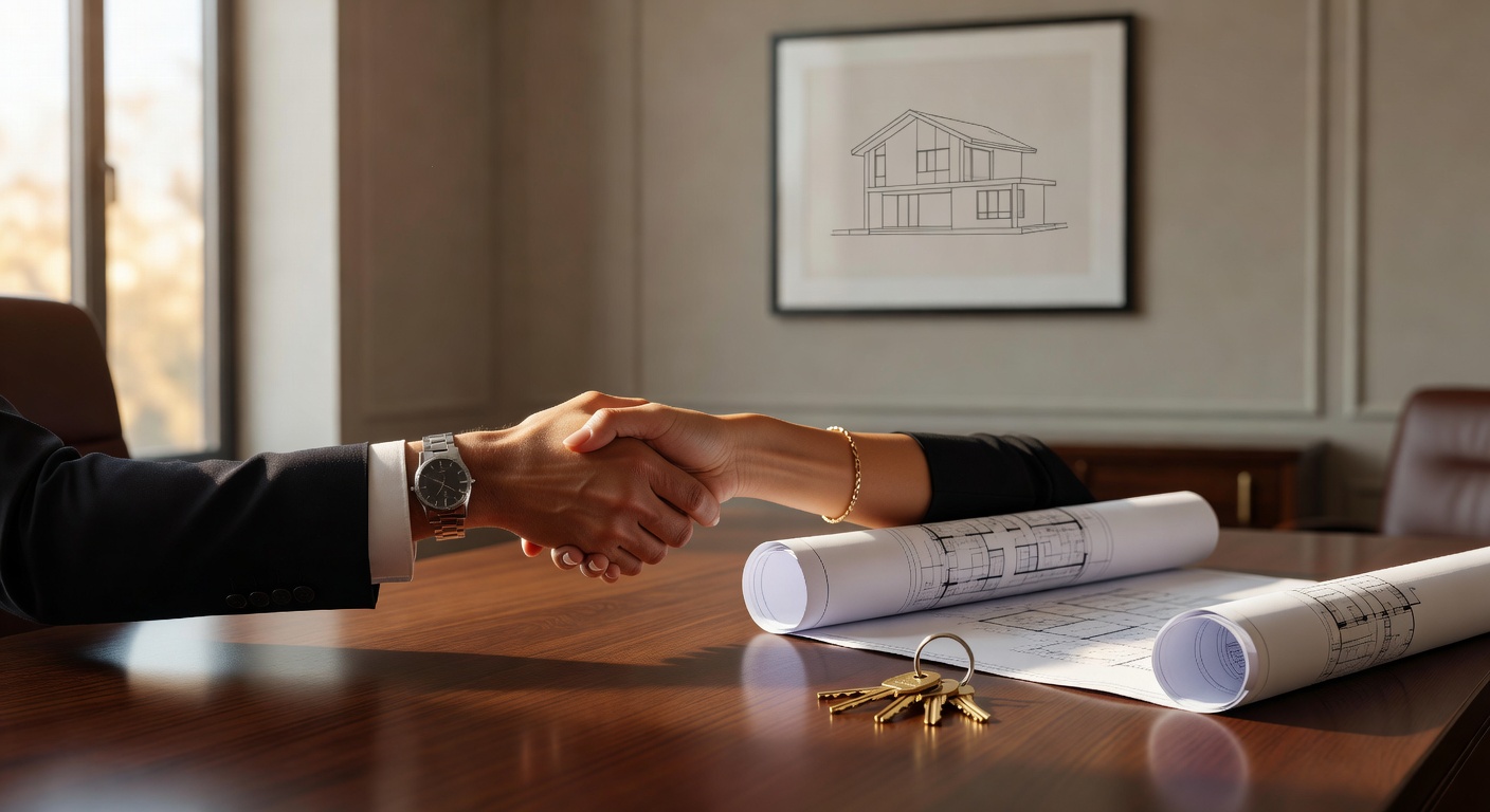 A stylish home purchase scene: a couple's hand shake at a desk with keys and a set of blueprints visible, warm natural window light, elegant office with a framed house illustration on the wall, editor